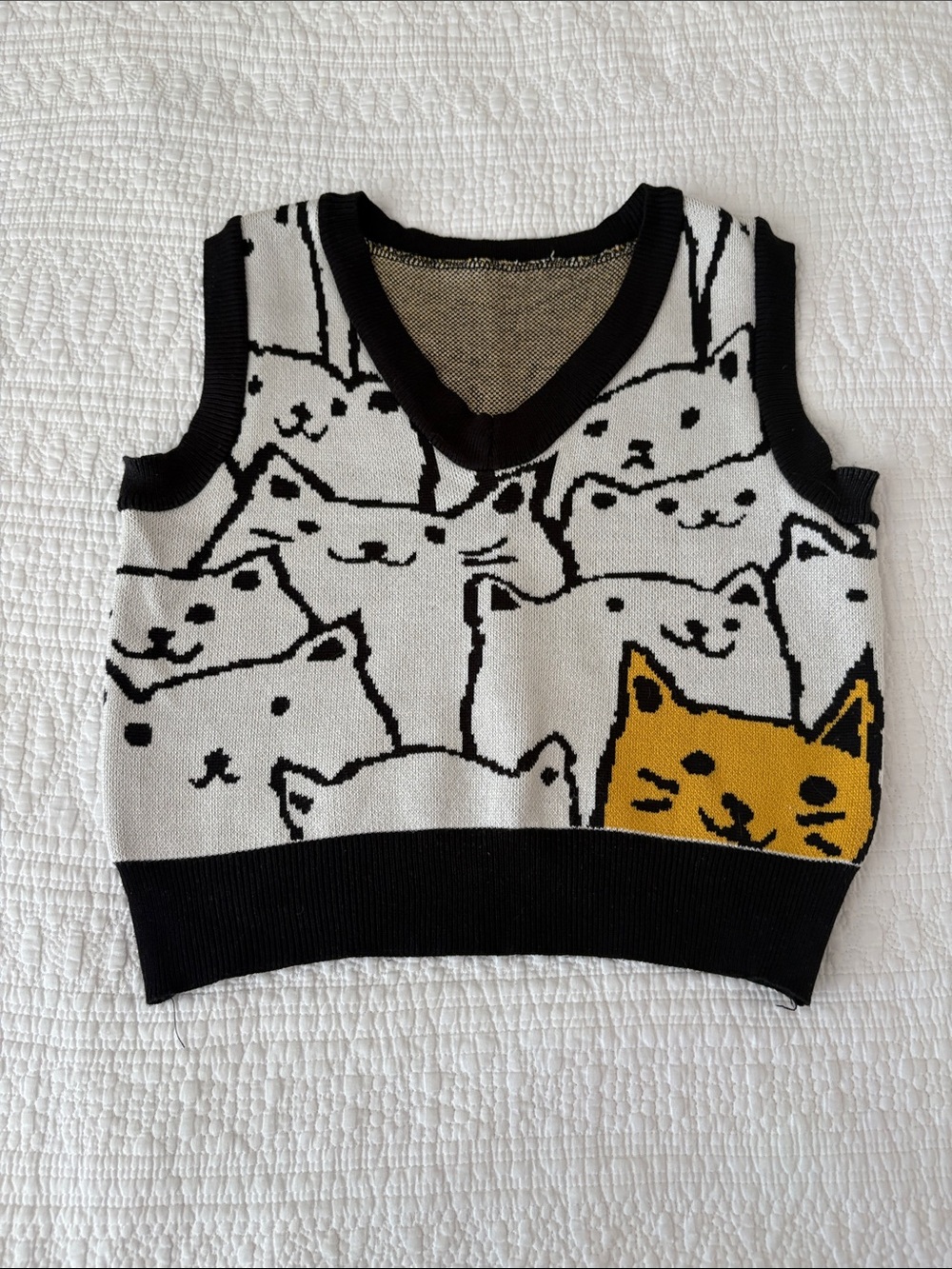 Cat Pattern Knit Sweater Vest in White, Black & Mustard